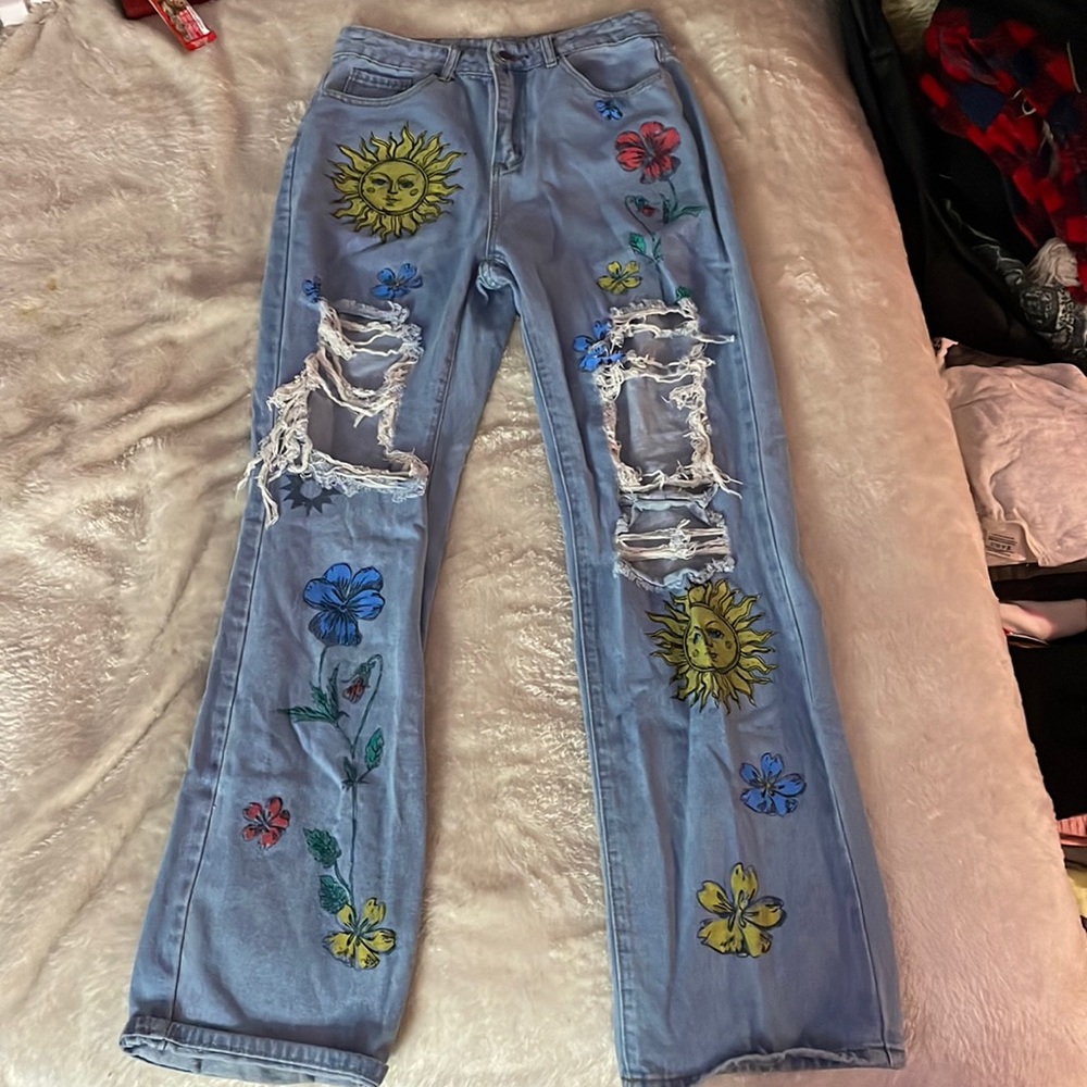sun and flower print straight leg jeans